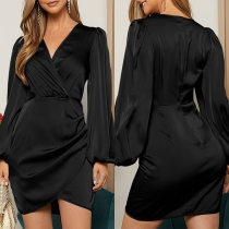 Elegant V-neck Long Sleeve Irregular Hemline Satin Dress
