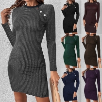 Fashion Crew Neck Side Button Long Sleeve Ribbed Dress