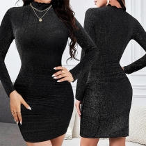 Fashion Bling-bling Mock Neck Long Sleeve Bodycon Dress