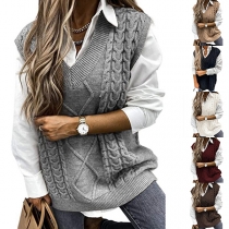 Fashion Solid Color Cable Pattern V-neck Sleeveless Knitted Vest