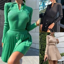 Fashion Ribbed Two-piece Set Consist of V-neck Shirt and Pleated Skirt