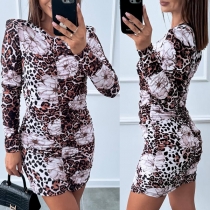Fashion Floral Printed Leopard Printed Crew Neck Long Sleeve Bodycon Dress