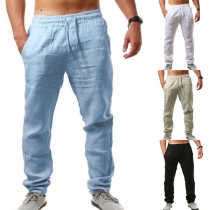 Casual Comfy Solid Color Elastic Drawstring Waist Cotton and Linen Pants for Men