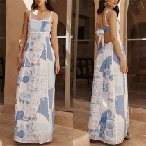 Vintage Floral Printed Square Neck Back Self-tie Bowknot Maxi Dress