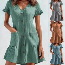Casual V-neck Short Sleeve Patch Pockets Ruffle Hemline Mini Dress