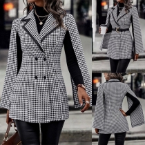 Fashion Houndstooth Printed Notch Lapel Slit Long Sleeve Double-breasted Blazer
