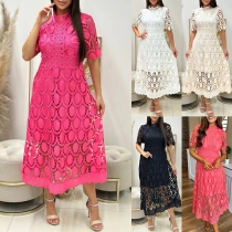 Elegant Mock Neck Short Sleeve Lace Dress