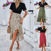 Fashion Contrast Color Printed V-neck Short Sleeve Ruffle Irregular Hemline Self-tie Mini Dress