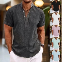 Casual Solid Color Button V-neck Short Sleeve Shirt for Men