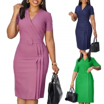 Elegant Solid Color V-neck Short Sleeve Pleated Dress with Belt