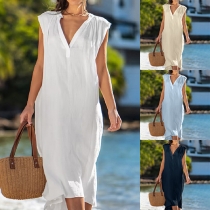 Casual Solid Color V-neck Sleeveless  Cotton and Linen Dress