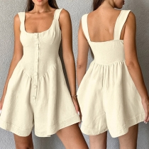 Fashion Square Neck Backless Front Button Cotton and Linen Romper