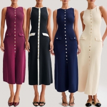 Elegant Crew Neck Sleeveless Patch Pockets Button Knitted Dress