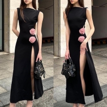 Elegant Crew Neck Sleeveless Side Slit 3D Floral Decoration Maxi Dress