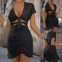 Sexy V-neck Short Sleeve Front Cutout Self-tie Irregular Hemline Bodycon Dress
