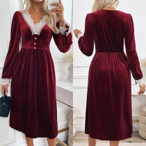 Fashion Contrast Color Lace Spliced V-neck Long Sleeve Velvet Dress