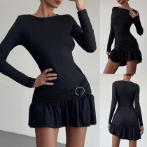 Fashion Crew Neck Long Sleeve Ruched Buckle Ruffle Hemline Bodycon Dress