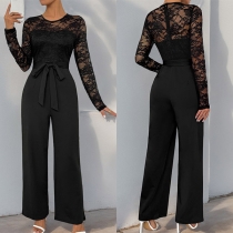 Fashion Lace Spliced Crew Neck Long Sleeve Self-tie Straight-cut Jumpsuit