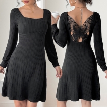 Fashion Back Butterfly Spliced Square Neck Long Sleeve Ribbed Dress