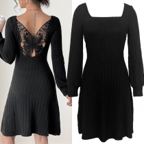 Fashion Back Butterfly Spliced Square Neck Long Sleeve Ribbed Dress
