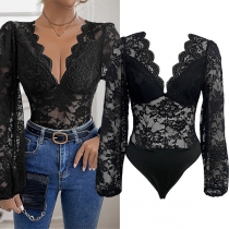 Sexy V-neck Lantern Long Sleeve Semi-through Lace Bodysuit