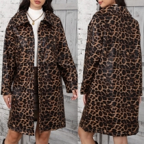 Street Fashion Leopard Print Lapel Collar Long Sleeve Artificial Leather PU Jacket