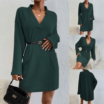Fashion V-neck Long Sleeve Patch Pockets Mini Dress (without Belt)