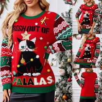 Fashion Cute Cartoon Cat Pattern Crew Neck Long Sleeve Christmas Sweater