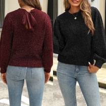 Fashion Bling-bling Crew Neck Back Bowknot Long Sleeve Sweater