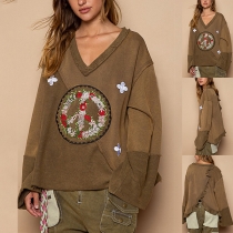 Vintage Floral Embroidery V-neck Batwing Sleeve Back Ruffle Sweatshirt