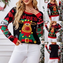 Fashion Cartoon Elk Pattern Crew Neck Long Sleeve Christmas Sweater