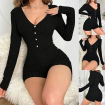 Sexy Button V-neck Long Sleeve Ribbed Romper