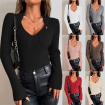 Sexy Criss-cross Cutout V-neck Long Sleeve Ribbed Shirt