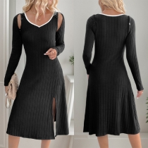 Fashion Contrast Color V-neck Side Slit Ribbed Dress with Detachable Long Sleeve