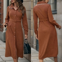 Vintage Lace Spliced Lapel Collar V-neck Long Sleeve Front Buttoned Corduroy Dress