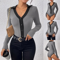 Fashion Contrast Color Lapel V-neck Long Sleeve Ribbed Bodysuit