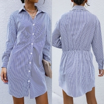 Fashion Vertical Striped Printed Stand Collar Long Sleeve Shirt Dress