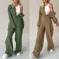 Street Fashion Solid Color Stand Collar Long Sleeve Straight-cut Jumpsuit