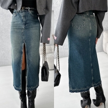 Fashion Front Slit High-rise Old-washed Denim Skirt