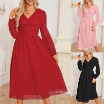 Fashion Jacquard V-neck Long Sleeve High-rise Dress