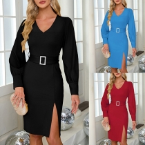 Fashion Solid Color V-neck Long Sleeve Side Slit Bodycon Dress with Belt