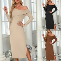 Fashion Slant Shoulder Long Sleeve Side Slit Bodycon Dress