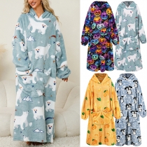 Fashion Printed Hooded Long Sleeve Kangaroo Pockets Plush Longline Loungewear-Plush TV Blanket Wearable Blanket