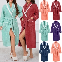 Fashion Lapel Long Sleeve Self-tie Warm Plush Robe