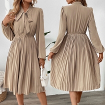 Fashion Self-tie Neck Long Sleeve High-rise Pleated Dress