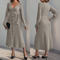 Fashion V-neck Long Sleeve Button Ribbed Wrap Dress