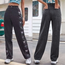 Street Fashion Side Butterfly Embroidery Straight-cut Denim jeans