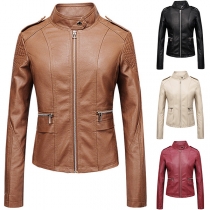 Fashion Solid Color Epaulettes Mock Neck Long Sleeve Front Zipper Artificial Leather PU Jacket