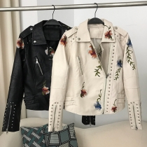 Street Fashion Floral Embroidery Rivet Stand Collar Long Sleeve Slant Zipper Artificial Leather PU Jacket