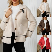 Fashion Stand Collar Long Sleeve Patch Pockets Plush Jacket
